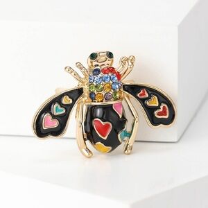 Bee Brooch Pin Rhinestone Bee Enamel Heart Insect Brooch Gold Tone Statement
